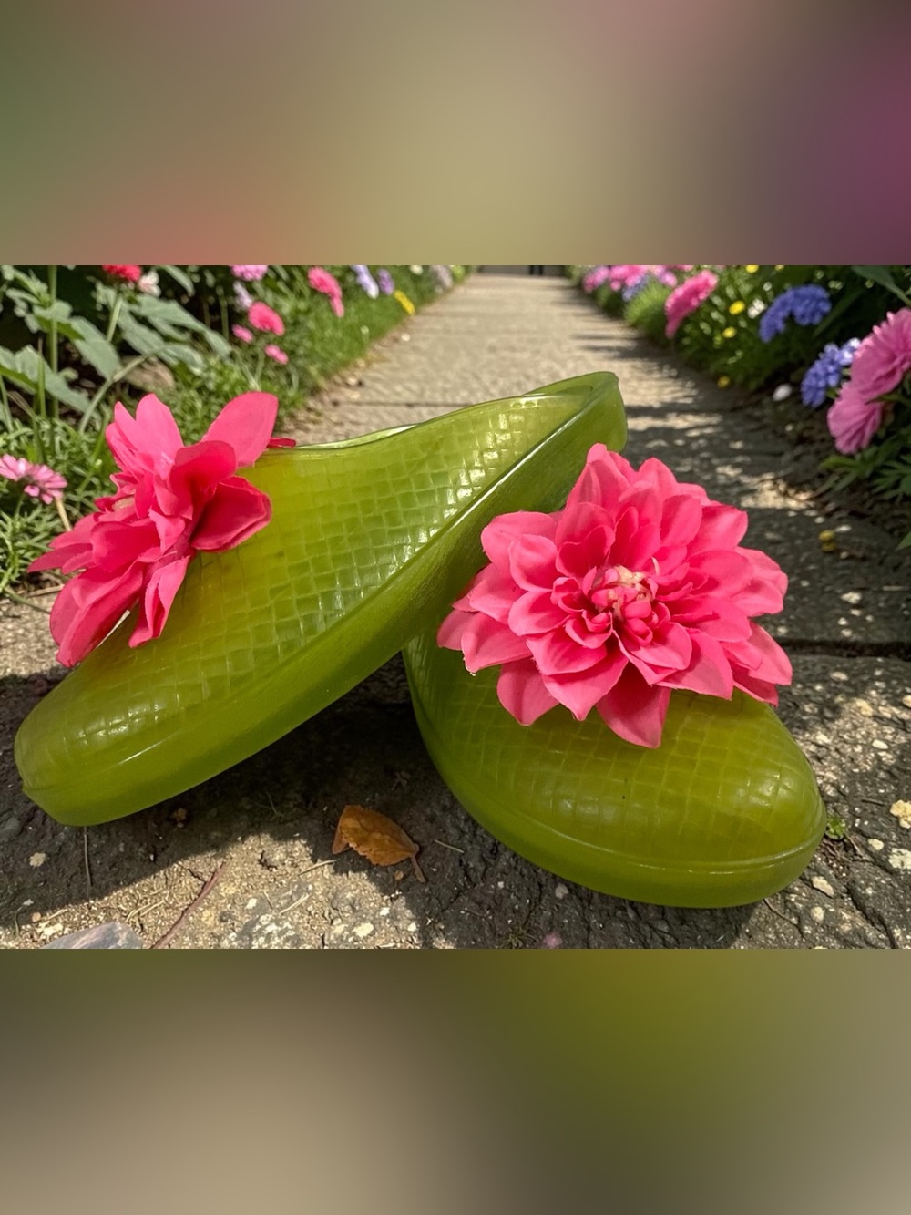 Okabashi "Garden Frou Frou" Green Jelly Clogs w/Pink Flower Accent Size "S" 5-6
